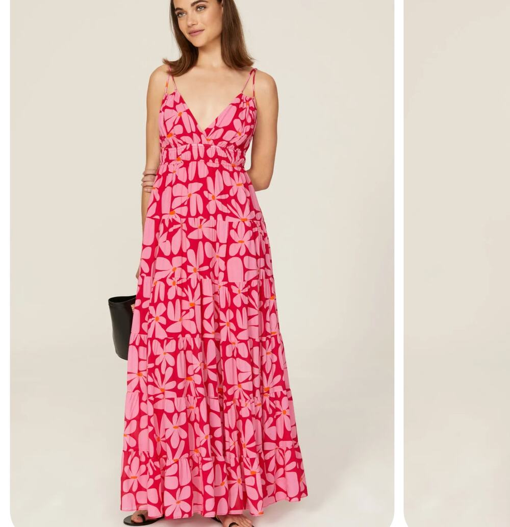 Hutch Pink Floral Tiered Ruffle Maxi Dress MEDIUM Sundress Cottage Vacation $270